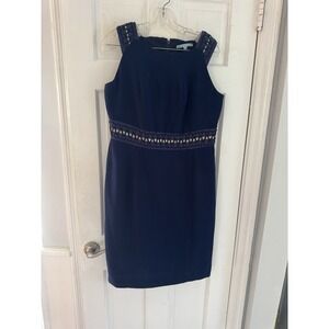 Antonio Melani Blue Sheath Dress Size 12 Sleeveless Woven Waist Detail